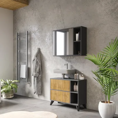Obrázek produktu pro Toaletní skříňka pro umyvadlo Vicco Leano Antracit/horský dub 80 x 62 cm se 2 zásuvkami, Model 52131