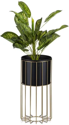 Produktbild von HowHomely Modern Pflanzenständer mit Topf, Blumenhocker aus Metall Schwarz 42 cm Höhe - Blumenständer für das Haus