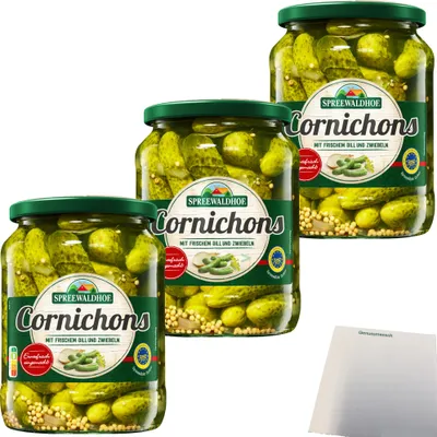 Produktbild von Spreewaldhof Cornichons mit frischem Dill und Zwiebeln 3er Pack (3x670g Glas) + usy Block