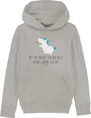 Produktbild von Mr. & Mrs. Panda Kinderpulli Einhorn Blume 5-6 Jahre (110/116) - Heather Grey - Geschenk, Kinderbekleidung, Partner, Verlobung, Sweater, Liebe, Sweatshirt, Hoodie, Freund