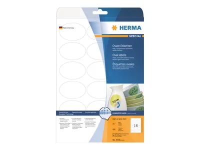 Image de Étiquettes HERMA A4 blanches 63,5 x 42,3 mm ovales Movables amovibles papier mat 450 pièces