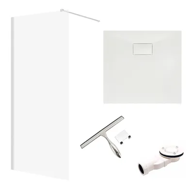 Produktbild von SET Walk-In Dusche 80x195 + Duschwanne 80x80 - Quadratisch Gehärtet Nano Glas Weiß Steinoptik SMC inkl. Siphon & Badwischer| BADLAND KETIL VIDAR