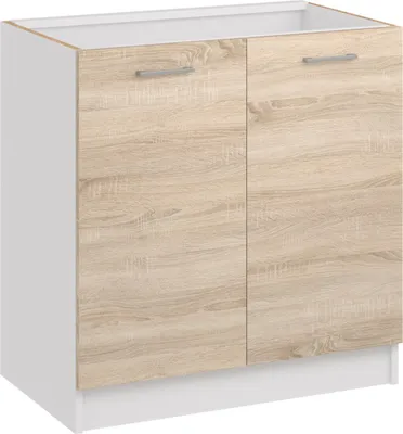 A studio shot of a kitchen base cabinet with two doors.