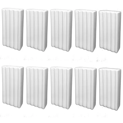 A collection of white ceramic radiator humidifiers arranged in two rows against a white background.