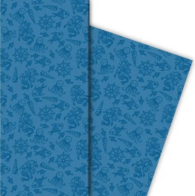 Produktbild von Meerjungfrauen Geschenkpapier mit Fischen, Muscheln und Tintenfischen, blau - G7548, 32 x 48cm