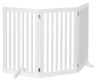 Productafbeelding van Relaxdays Afsluitraster, hoogte x breedte: 91,5 x 154 cm, 3 panelen, opvouwbaar, met voetjes, verstelbaar hondenhek, MDF, wit