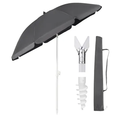 Produktbild von Sekey Sonnenschirm Rund Ø160cm, UV Schutz 50+, neig- & höhenverstellbar, inkl. Erdspieß & Schutzhülle, Polyester Grau, für Garten & Strand – robust, 8 rostfreie Metall-Schirmknochen & Schraubstange für Sand