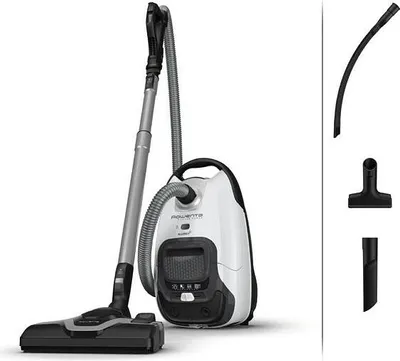 A white and black Rowenta vacuum cleaner with its accessories displayed on a white background.