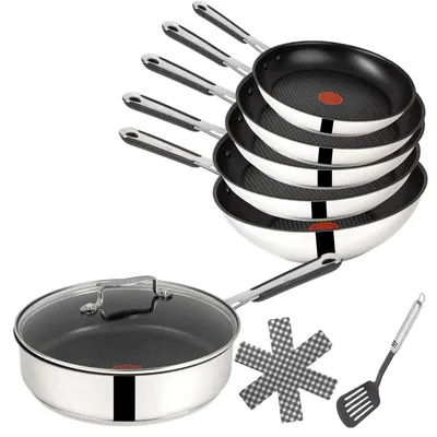 Produktbild von Tefal J90939 Jamie Oliver Pfannenset Induktion 10 TLG, Schmorpfanne + Wok + Pfanne 28 cm + 26cm + 24 cm + 20 cm, inkl. Deckel 25 + 28 cm