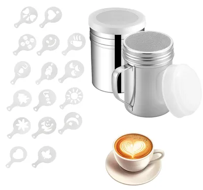 Produktbild von 2 Stück Kakaostreuer für Cappuccino, Edelstahl Puderzuckerstreuer & Mehlstreuer mit Deckel, mit 16 Kaffeeschablonen für Backen, Desserts, Küche und Café