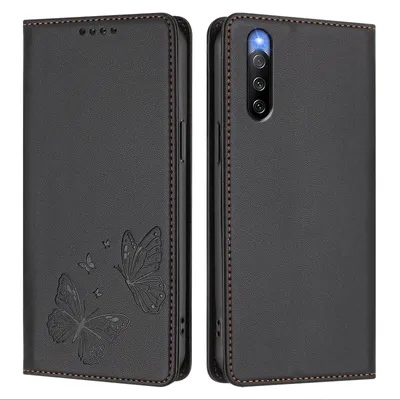 Image de Étui en cuir pour Sony Xperia 10 IV, motif papillon, étui à rabat avec porte-appareil, noir