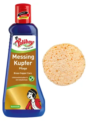 Produktbild von Poliboy Messing Kupfer Pflege - 200ml - Glanzpolitur gegen Anlaufstellen - Messingputzmittel mit Carnaubawachs - Mit Schwamm - 99A5601