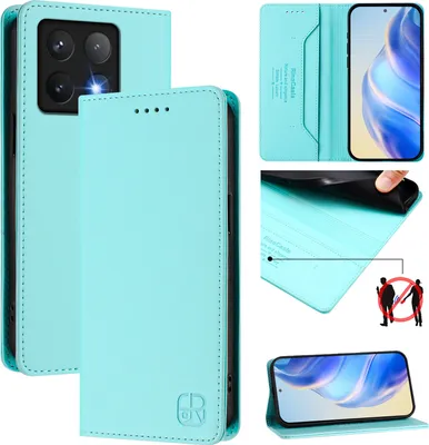 Produktbild von Lederhülle für Xiaomi 14T Pro Hülle Flip Brieftasche Kartenfächern Ständer Schutzhülle Türkis