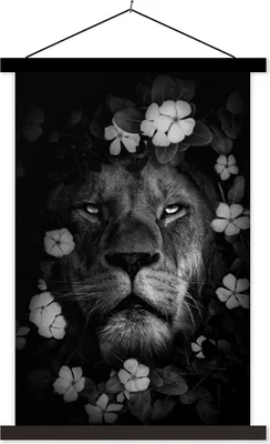 Produktbild von MuchoWow® Textilposter Löwe mit Blumen im Dschungel - schwarz und weiß 40x60 cm mit schwarzem Rahmen - Wanddekorationen