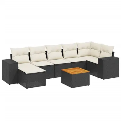 Produktbild von 8-tlg. Garten-Lounge-Set, Modulare Sofagarnitur mit Stauraum, Poly Rattan Schwarz, Akazienholz-Tischplatte, Cremeweiße Kissen