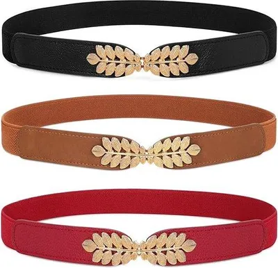 Produktbild von Unyqoos® 3er-Set elastische schmale Taillengürtel (versch. Farben) – Kunstleder & Metallverschluss, 2,5 cm breit, S 66–80 cm (70 cm) / L 81–105 cm (80 cm), für Kleider & Röcke
