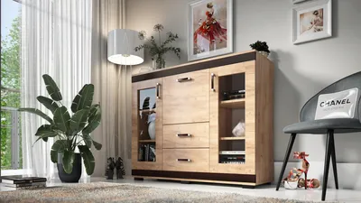 Produktbild von Kombikommode P27, 2 Vitrinentüren, 2 Schubkästen, Barschrank, B130xH106xT43 cm, komplett vormontiert - Goldene Eiche mit Wenge-Leisten