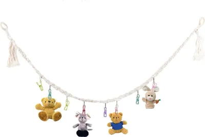 Produktbild von Hängende Stofftier-Aufbewahrungskette, platzsparende Wandspielzeug-Dekoration mit Clips und Haken für Kinderzimmer, Beige