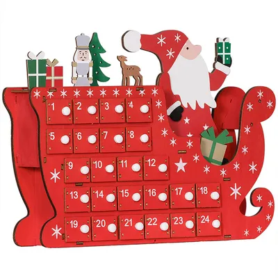 Produktbild von Weihnachtskalender mit 24 Schubladen Weihnachtsmann mit Schlitten Adventskalender 22,5 x 8 x 36 cm Rot