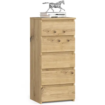 A wooden chest of drawers with a decorative horse figurine and books on top.