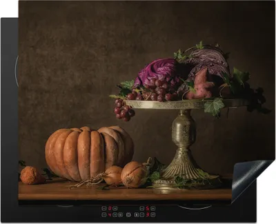 Produktbild von KitchenYeah© Herdabdeckplatte Stilleben - Malerei - Weintrauben - Kürbis - Obst , 65x52cm, Küche Deko, Glaskeramikkochfeld Herdabdeckung, Abdeckplatte fùr Kochfeld