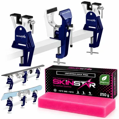 Zdjęcie produktu dla Zestaw do przygotowywania nart do narciarstwa biegowego SkinStar: wózek do nart, narzędzie do regulacji klamer + uniwersalny wosk 250g, bez PFAS