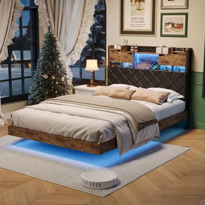 Produktbild von Polsterbett Schwebebett 160x200 cm mit LED Beleuchtung Polsterbett mit Kopfteil Stauraum USB Type-C Anschluss Bettgestell mit Lattenrost Schwarz