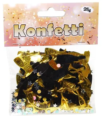 Produktbild von Metallisch glänzendes Folienkonfetti Gold, Schwarz, Silber mit Sektgläsern, Sektflaschen & Sternchen, ca. 1,0 cm