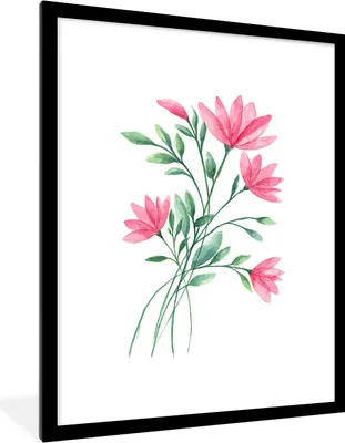 Produktbild von MuchoWow® MuchoWow® Gerahmtes Poster Blumen - Aquarell - Rosa 60x80 cm - Poster mit zchwarzem Bilderrahmen - Wohnzimmer - Dekorationen - Prämie