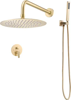 Zdjęcie produktu dla SucceBuy bateria prysznicowa deszczownica do łazienki z okrągłą deszczownicą 254 mm i słuchawką prysznicową, ścienny system prysznicowy z trwałym mosiężnym zaworem i zestawem dekoracyjnym, szczotkowane złoto