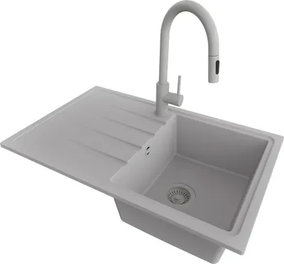 Produktbild von PRIMAGRAN Granitspüle Grau 78x50cm, Spülbecken 1 Becken + Küchenarmatur 40x20cm + Ablauf-Set, Küchenspüle ab 45er Unterschrank - Mailand