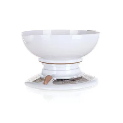 A white mechanical kitchen scale with a brown accent.