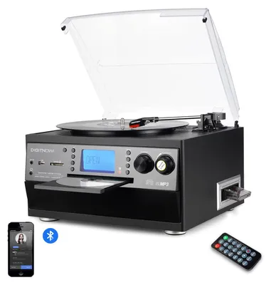 Produktbild von DIGITNOW! Plattenspieler mit Bluetooth, USB-Plattenspieler und Codierungsfunktion, klassischer CD-Player mit FM-Kassette, 3 Geschwindigkeitsstufen, 33/45/78 U/min, integrierte Lautsprecher,