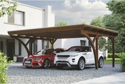 Produktbild von Doppelcarport Konsta Aluminium-Dachplatten inkl. 2 Einfahrtsbögen und H-Anker 618x500 cm nussbaum