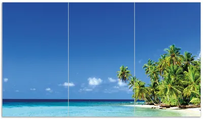 Produktbild von Wallario Herdabdeckplatte aus Glas, Größe 90 x 52 cm 3-teilig, Motiv Blauer Himmel  weißer Strand  Palmen und das tiefblaue Meer
