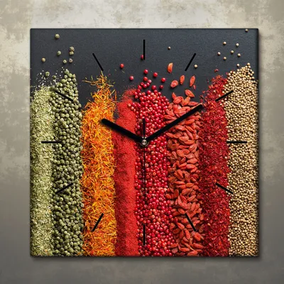 Produktbild von Wohnzimmer Leinwand Uhr Geräuschlos Küche 30x30 Gewürze, Gemüse, Motive, schwarze Zeiger
