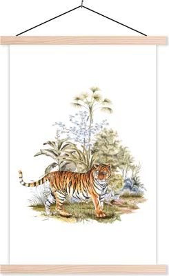 Produktbild von MuchoWow® Textilposter Tiger - Pflanzen - Gras 120x180 cm mit holzfarbenen Rahmen - Textil-Plakat