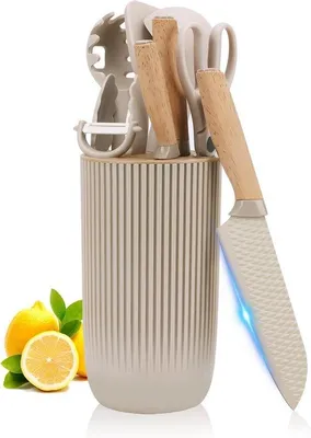 Immagine prodotto di Set di coltelli da cucina da 6 pezzi, acciaio inossidabile, beige, con 4 accessori in silicone