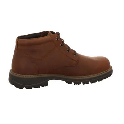 A side view of a brown leather boot against a white background.