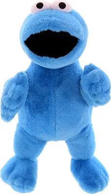 A blue plush toy of the Sesame Street character Cookie Monster is shown standing against a white background.