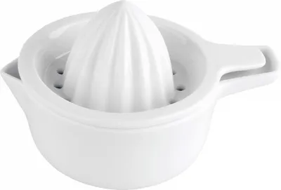 A white ceramic citrus juicer is shown from a slightly elevated front-angle on a white background.