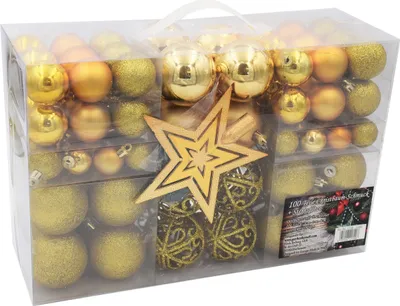 Produktbild von 100 Weihnachtskugeln Gold mit Stern Baumspitze