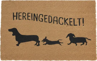 Produktbild von Relaxdays Fußmatte Kokos 80x50, Türvorleger 3 Dackel, rutschfest, wetterfest, Fußabstreifer innen & außen, natur/schwarz