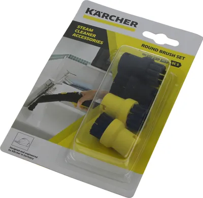 A retail package containing Kärcher steam cleaner round brush set accessories.