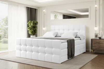 Produktbild von ALTDECOR Boxspringbett mit Matratze und Lattenrost - BERO -Z KING - 200x200 cm - Weiß Kunstleder - Topper, Fußteil, Polsterbett mit Bettkasten, Bett mit Stauraum H3 - und H4 - Matratze, Doppelbett, Springboxbett