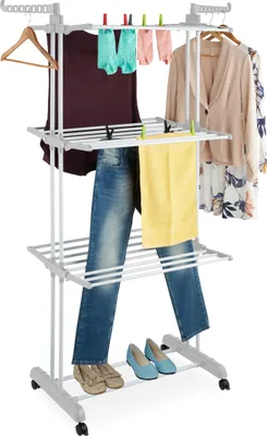 Produktbild von Relaxdays Wäscheständer Turm, ausklappbare Flügel, HBT: 179 x 126 x 63,5 cm, Metall, rollbarer Turmwäscheständer, weiß