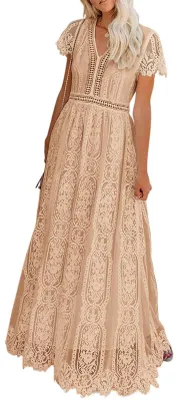 Produktbild von MEROKEETY Damen V Ausschnitt Kurzarm Floral Spitze Hochzeitskleid Brautjungfer C