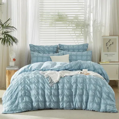Immagine prodotto di Biancheria da letto in seersucker, 200x200 cm, blu a quadri, set da 3 pezzi, in microfibra con cerniera