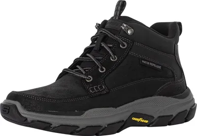 A black leather boot with a gray sole.
