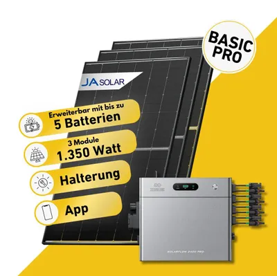 Produktbild von Balkonstrom Balkonkraftwerk 1350W Solaranlage mit Speicher | 2xSolarmodul Bifazial | Zendure SolarFlow 2400 Pro